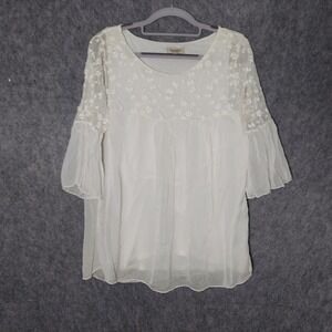 Via Signoria Women 100% Silk Blouse M Ivory Cottagecore Embroidered Bell Sleeve